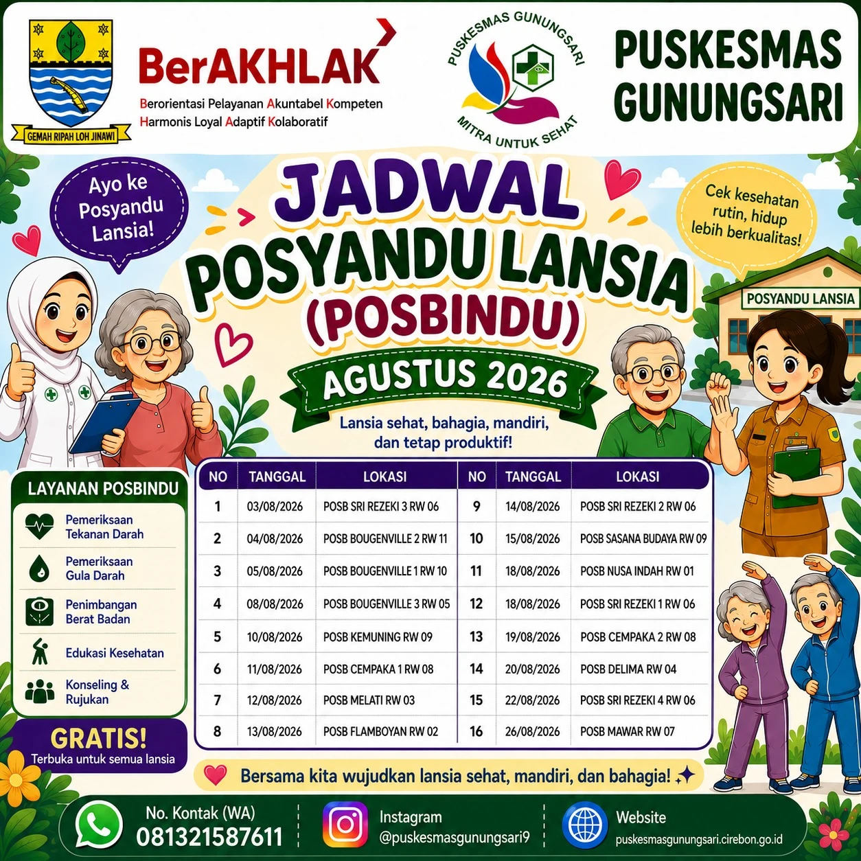 JADWAL POSYANDU SIKLUS HIDUP BULAN AGUSTUS 2026 KELURAHAN PEKIRINGAN